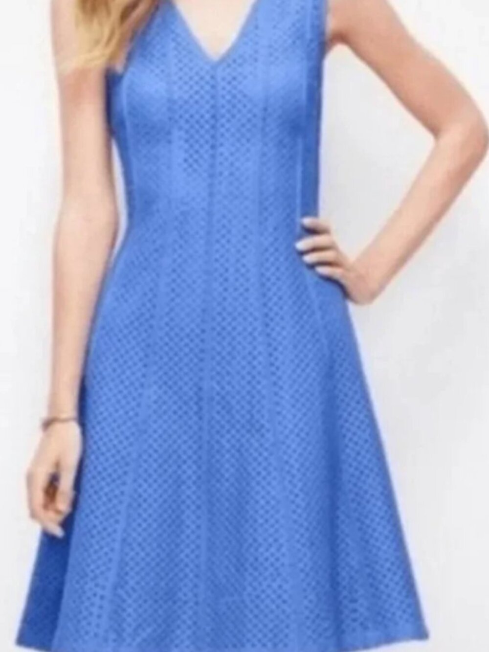 Ann Taylor Petites Perforated V‑Neck A‑Line Dress in Light Blue